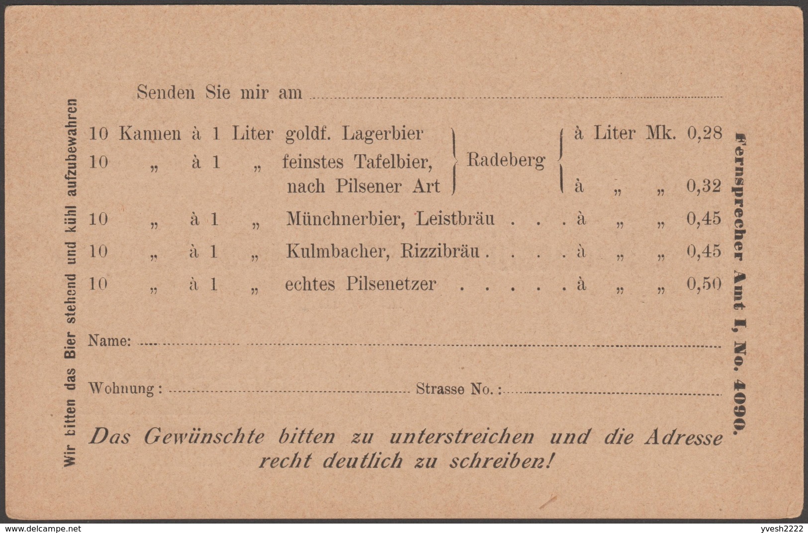 Dresde 1890, Poste Privée Stadtpost Hansa. Entier Postal, Bon De Commande De Bière. Pils, De Munich, Rizzi... - Bier