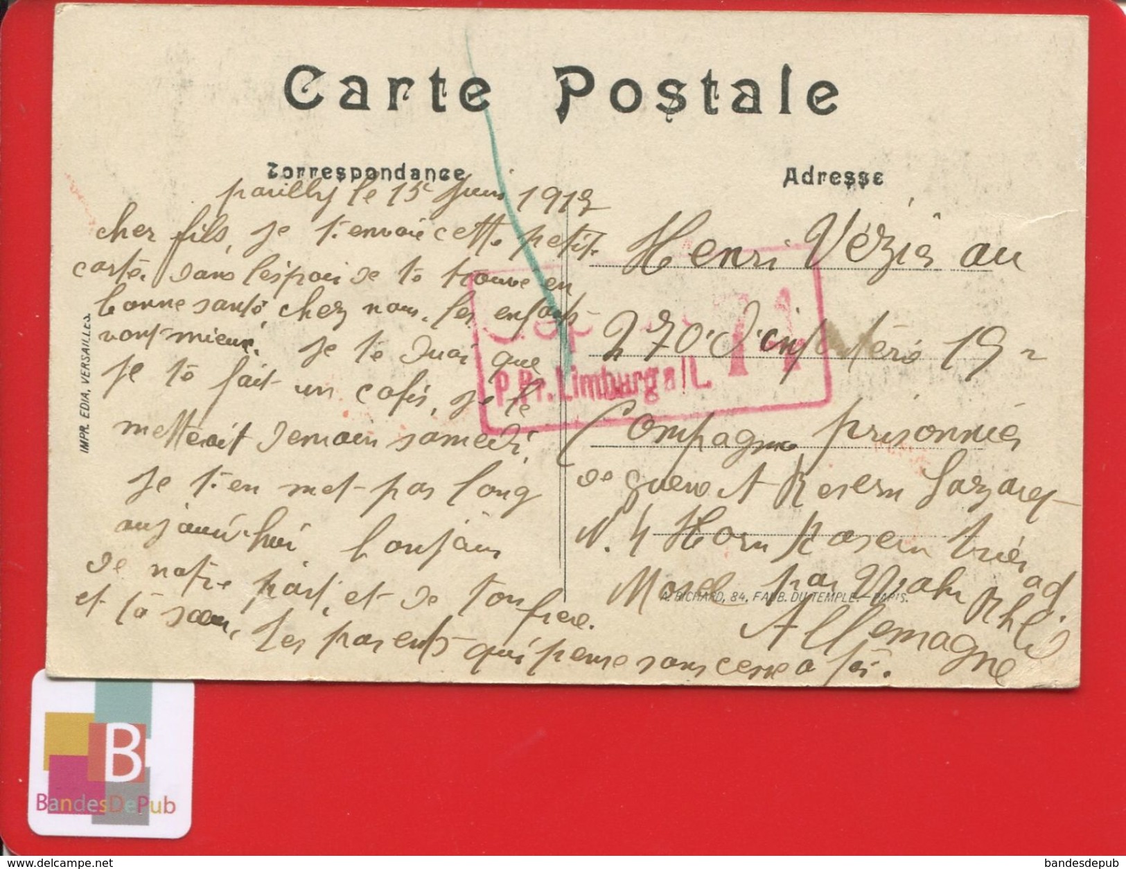 UN BAISER DE PAVILLY CPA Adressée Prisonnier Henri VÉZIER 270 ème Infanterie Cachet LIMBURG A .L - Pavilly