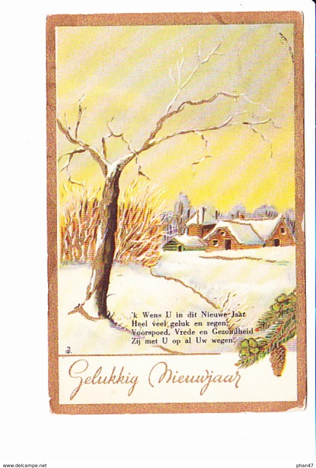 HEUREUSE ANNEE, GELUKKIG NIEUWJAAR, Carte Hollandaise, Hameau Sous La Neige, Branche De Sapin, Ed. ? 1953 - Nouvel An