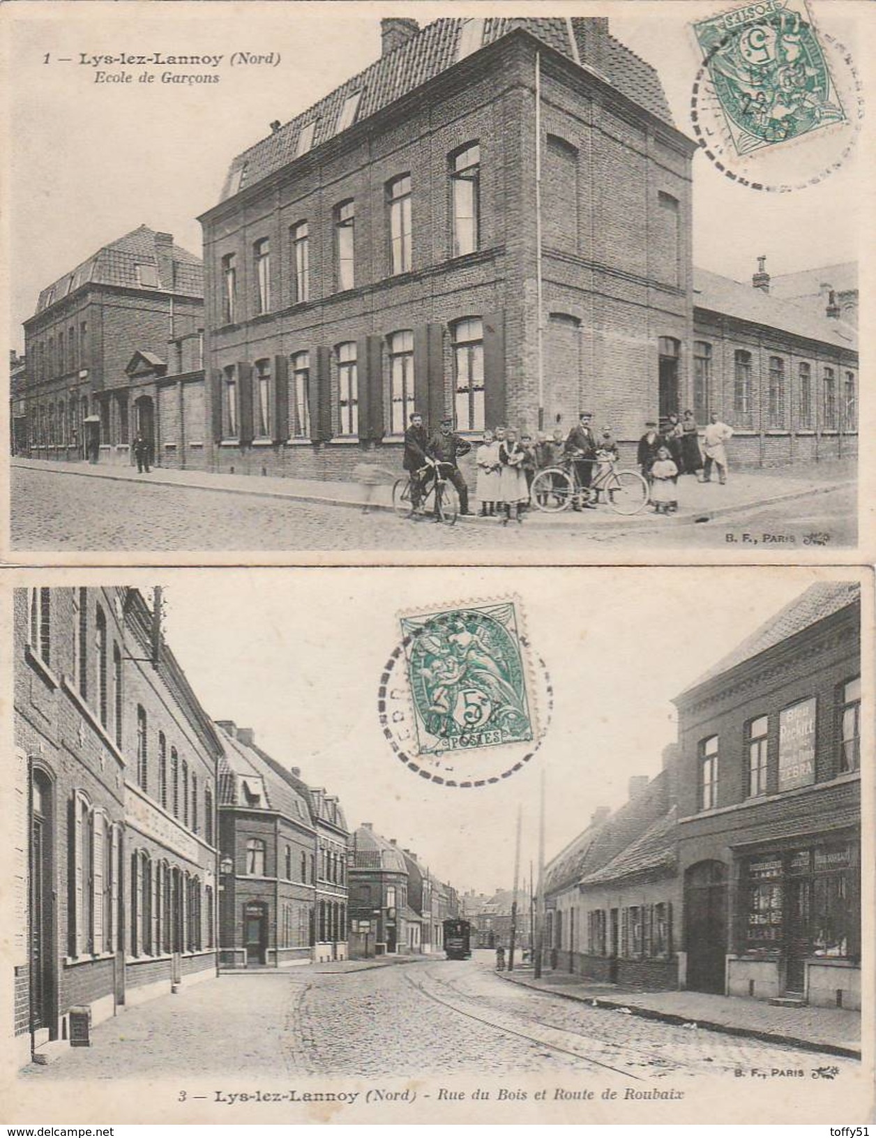 2 CPA:LYS LEZ LANNOY (59) TRAMWAY RUE DU BOIS ET ROUTE DE ROUBAIX,ENFANTS DEVANT ÉCOLE DE GARÇONS...ÉCRITES - Sonstige & Ohne Zuordnung