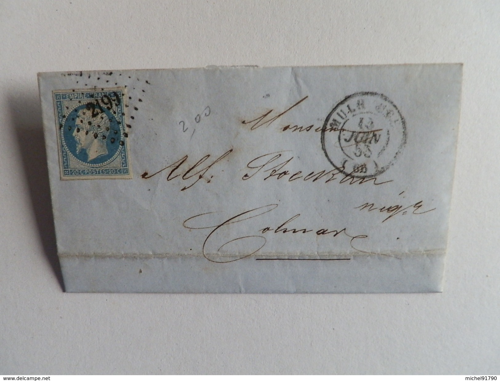 EMPIRE NON DENTELE 14 SUR LETTRE DE MULHOUSE A COLMAR DU 15 JUIN 1855 (PETIT CHIFFRE 2199) - 1849-1876: Période Classique