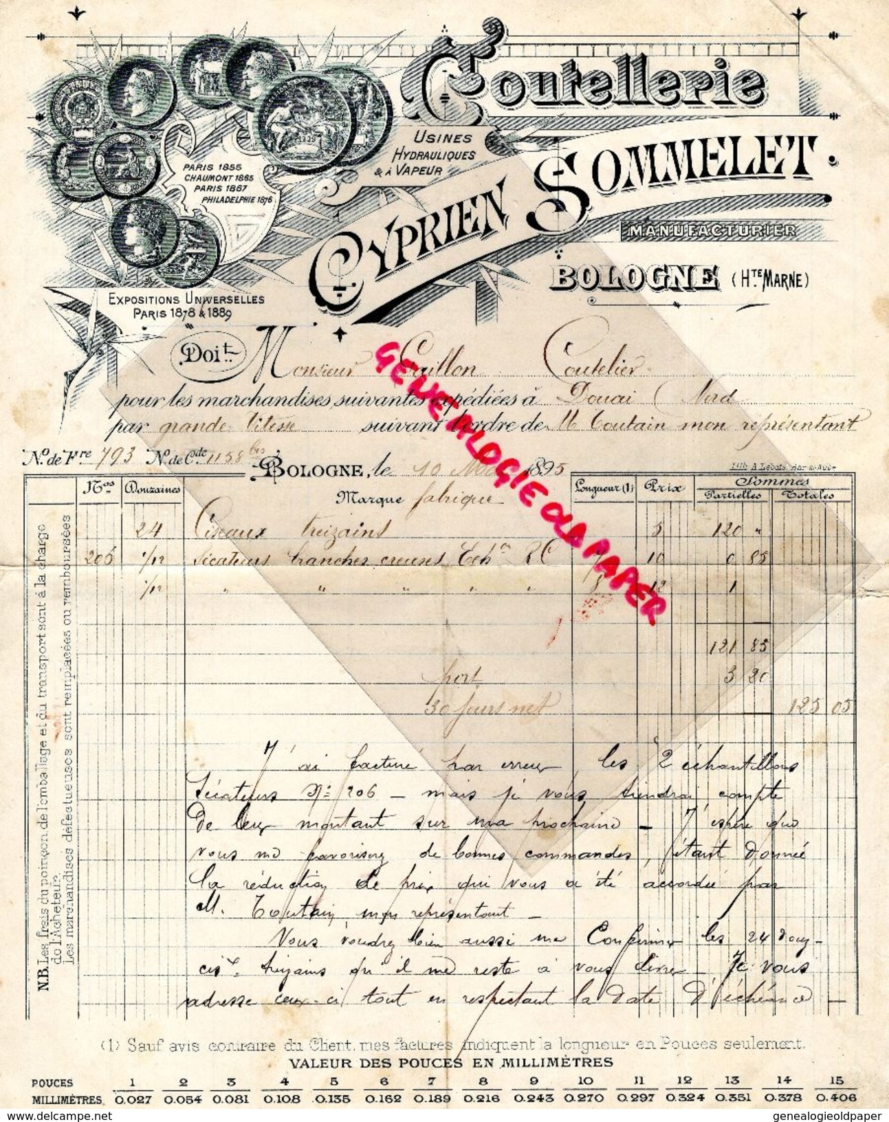 52- BOLOGNE-LA FENDERIE- 1895 RARE LETTRE MANUSCRITE SIGNEE CYPRIEN SOMMELET- MANUFACTURE COUTELLERIE - - 1800 – 1899