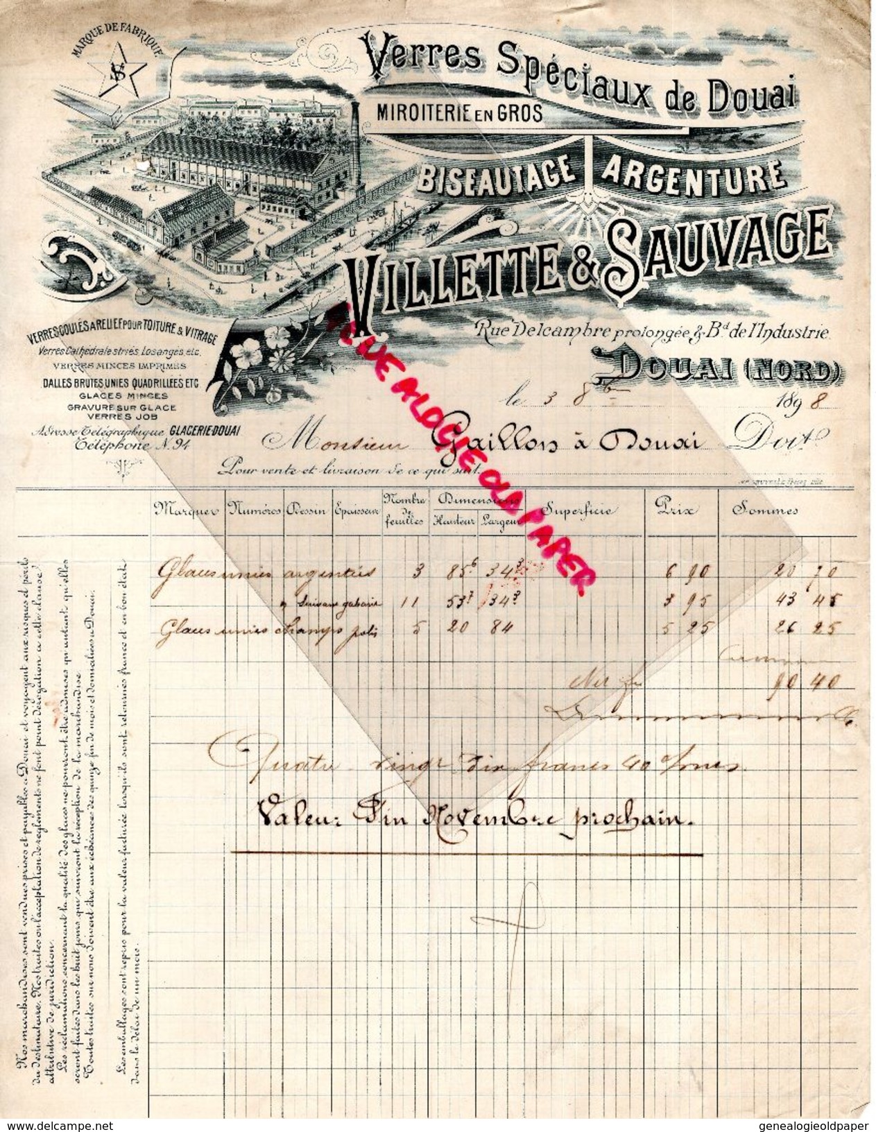 62- DOUAI- 1898  RARE FACTURE VILLETTE & SAUVAGE-VERRERIE MIROITERIE-ARGENTURE-RUE DELCAMBRE PROLONGEE-BD INDUSTRIE- - Old Professions