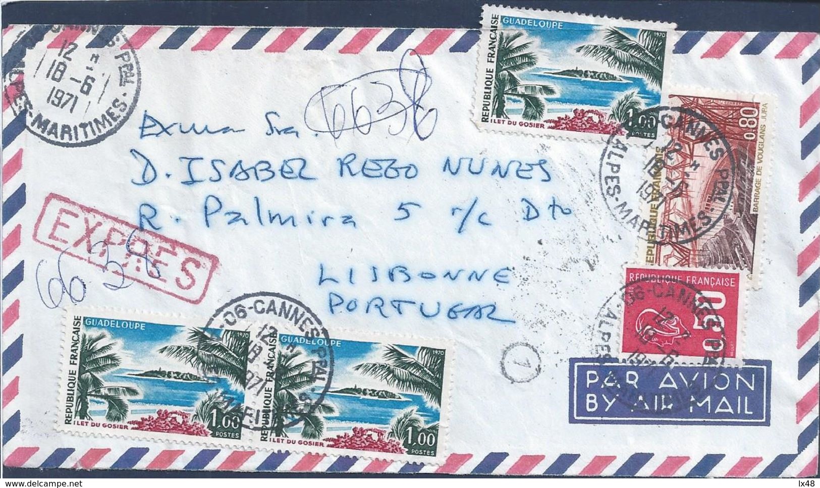 Express Letter Registered 3 Stamps Guadalope Island.Hotel Caltron, Canes.Alpes Martitimos.Dam Vouglans,Jura.2scn.Vacans - Hotel- & Gaststättengewerbe