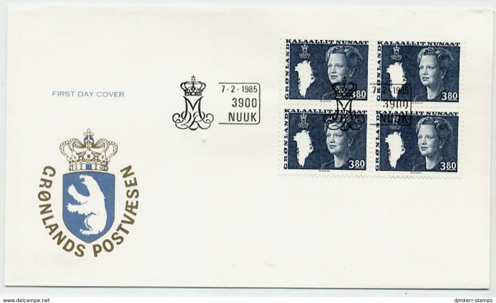 GREENLAND 1985 Queen Margarethe 3.80 Kr. Block Of 4  On FDC. Michel 156 - FDC