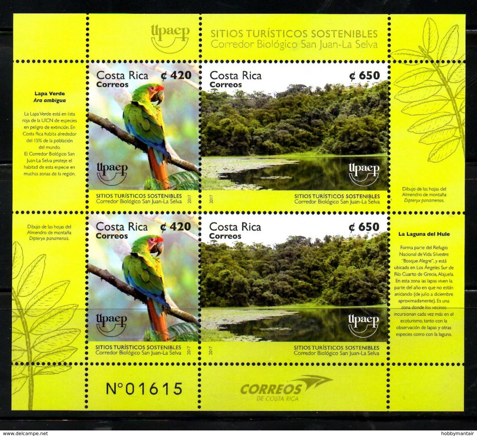 COSTA RICA, 2017 , BIRD- PARROT, , UPAEP, S/S,  MNH** - Autres & Non Classés