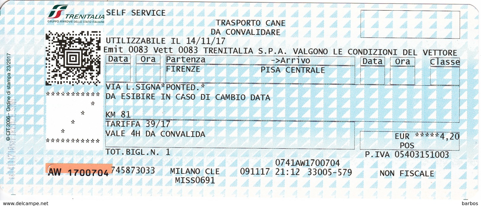 Italy , Firenze - Pisa  , Railway  Ticket  , Trenitalia ,  2017 , Used - Europe