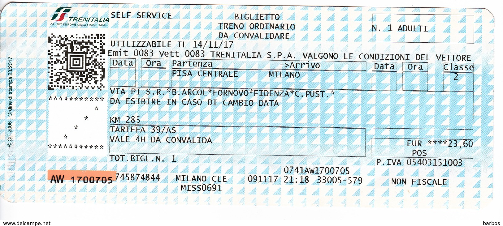 Italy , Pisa - Milano , Railway  Ticket  , Trenitalia ,  2017 , Used - Europe