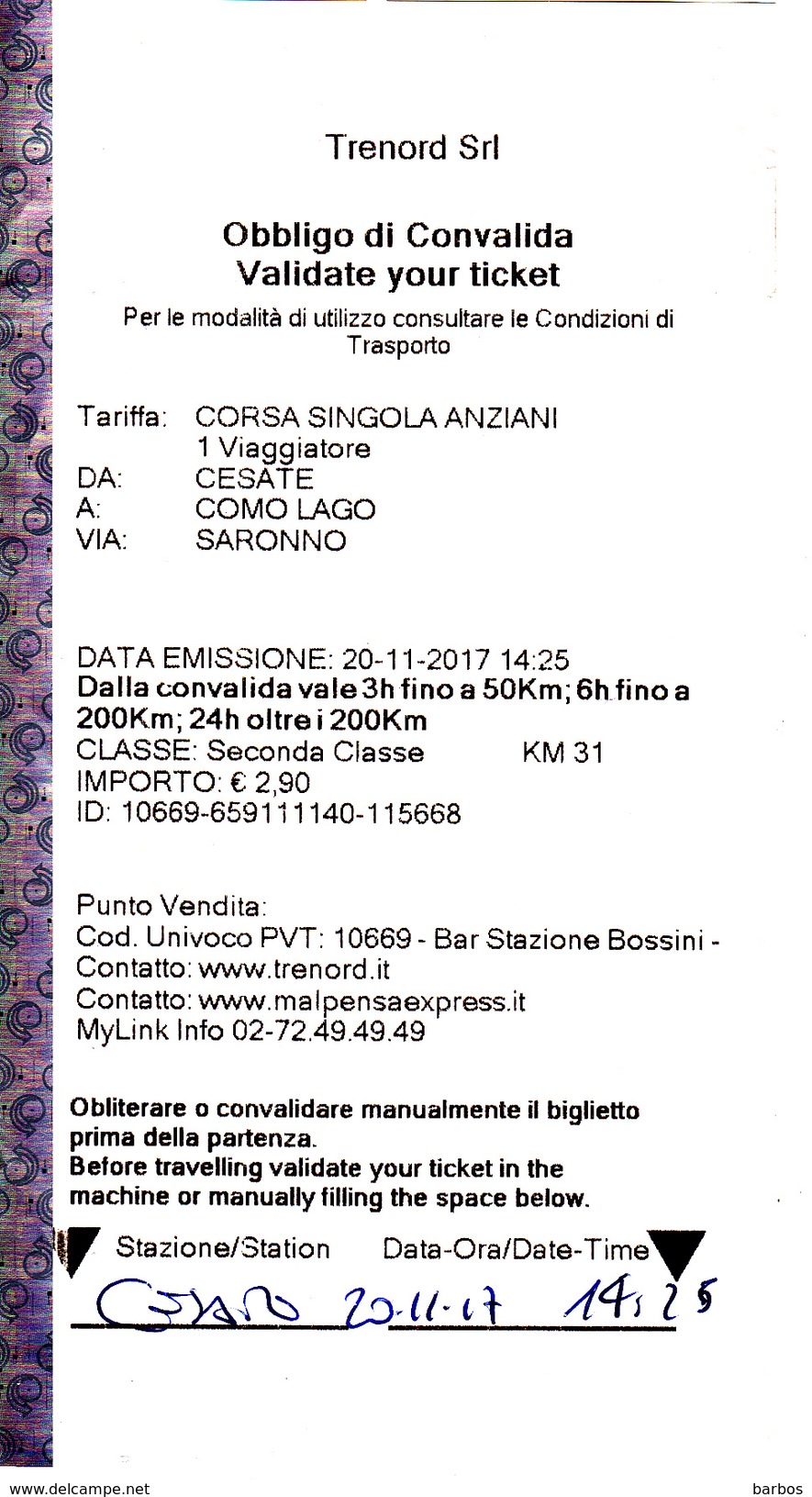 Italy , Cesate - Saronno- Como Lago , Railway  Ticket  , Trenord ,  2017 , Used - Europe
