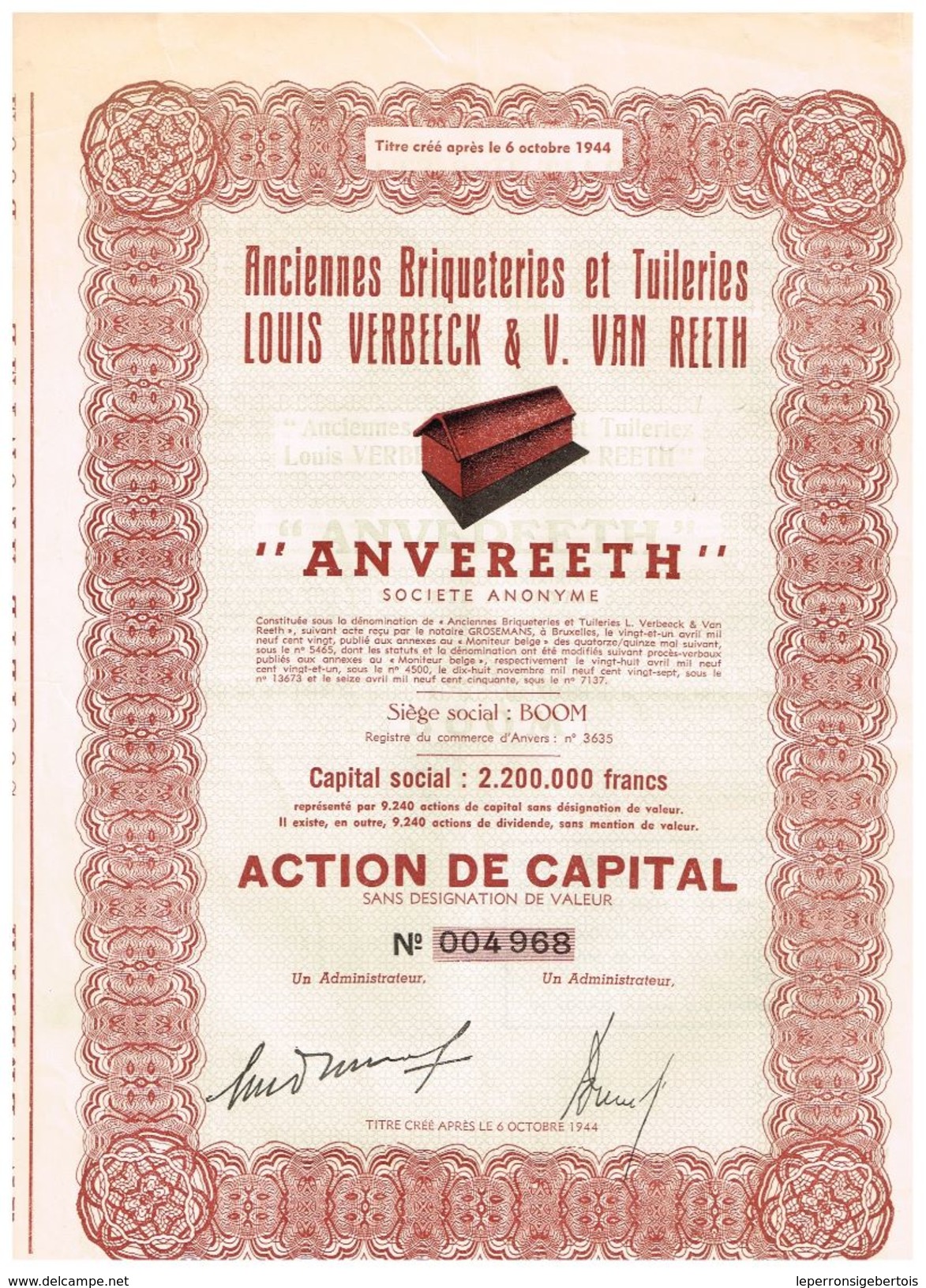 Action Ancienne - Anciennes Briqueteries Et Tuileries Louis Verbeek & V. Van Reeth - "Anvereeth" - Industrie