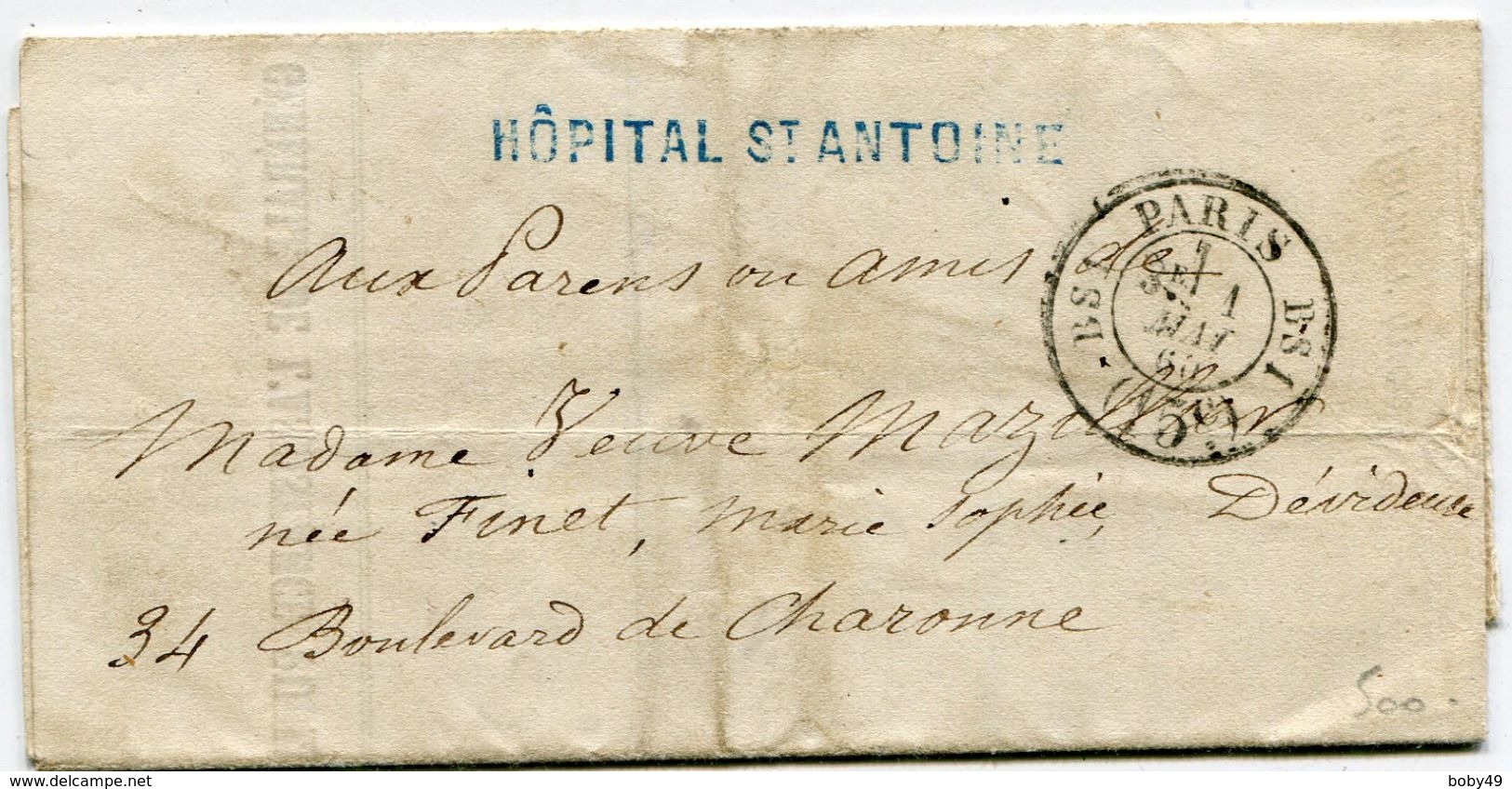 PARIS Cachet Taxe 15C N°2531 Bureau BS1 En Noir ( Non Repris Par POTHION) Avis De Decès Hopital ST ANTOINE Du 01/05/1861 - 1849-1876: Période Classique