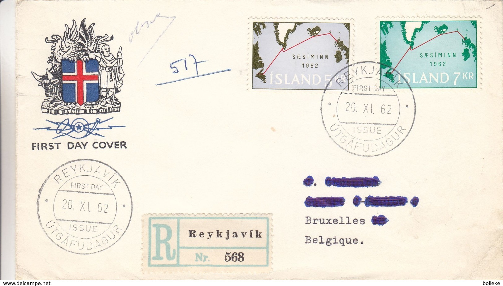 Islande - Lettre Recom De 1962 - Oblit Reykjavik - Exp Vers Bruxelles - Pose Du Cable - Briefe U. Dokumente