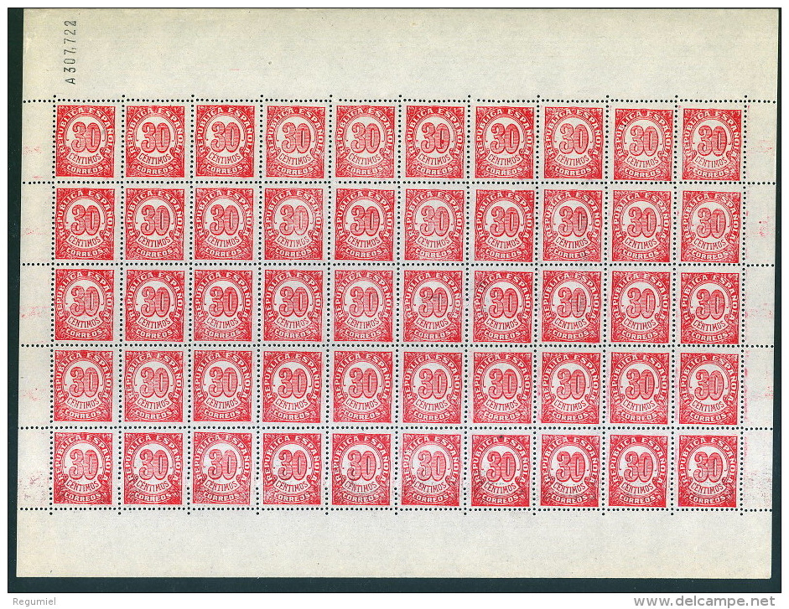 España 0750 ** Cifra.1938. Pliego Completo De 50 Sellos. - Feuilles Complètes