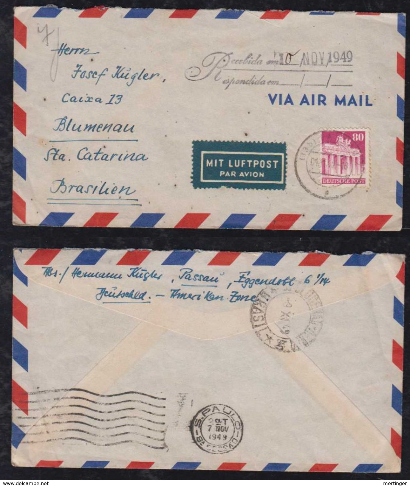 Bizone 1949 Luftpost Airmail Brief 80Pf Bauten PASSAU Nach BLUMENAU Brasilien - Other & Unclassified