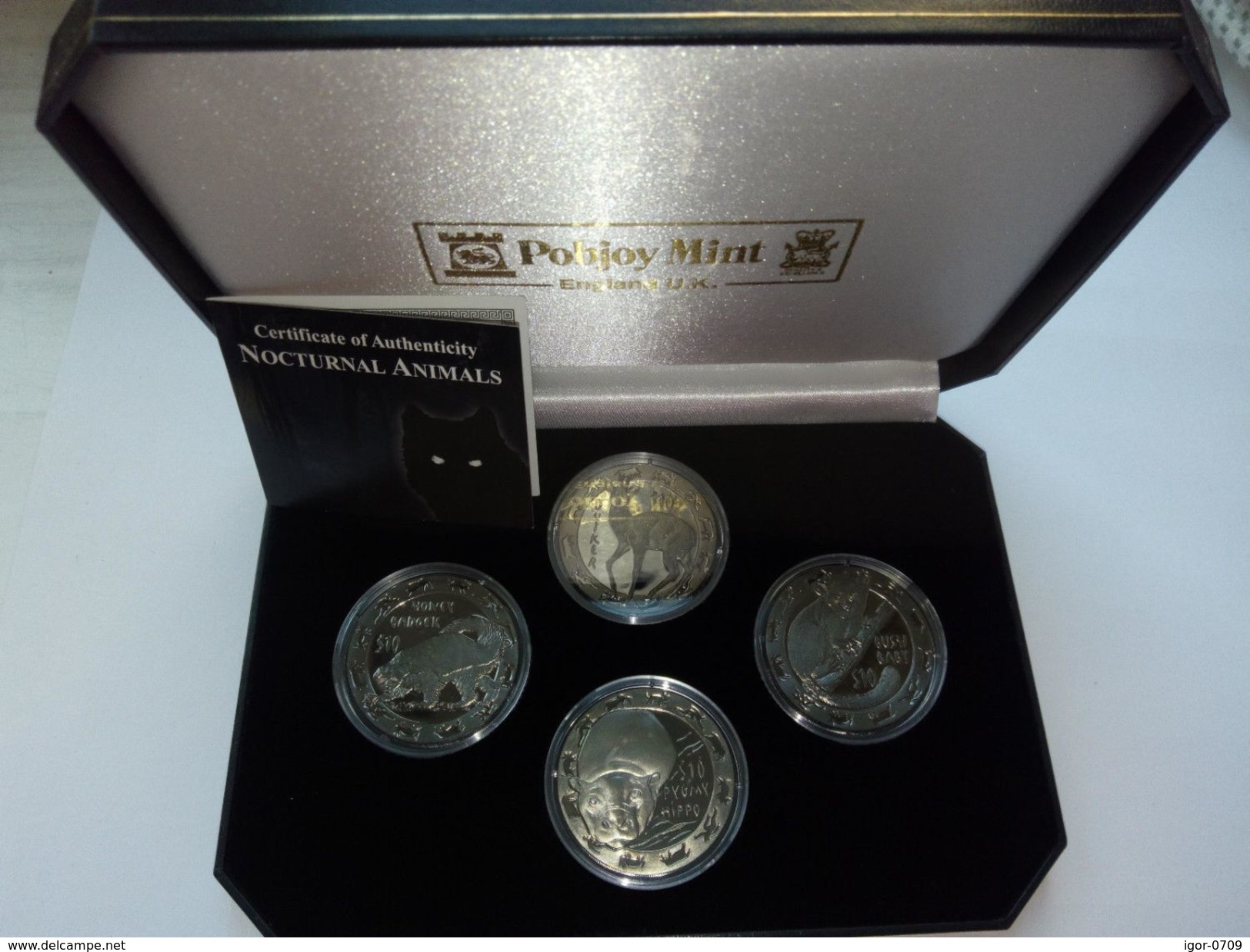 SIERRA LEONE 2008 SET 4 COINS NOCTURNAL ANIMALS 113.12GR 4X10dollars Silver PEARL BLACK FINISH + 8 Diamonds Coa AND BOX - Sierra Leone