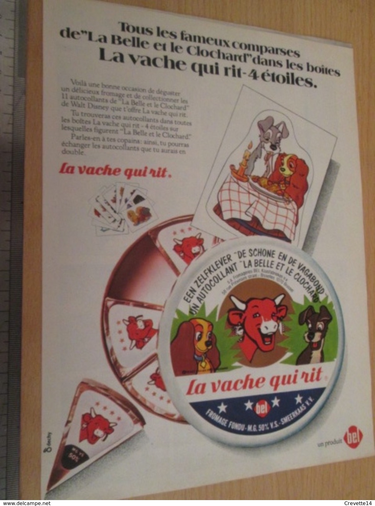 Page De Revue Des Années 60/70 : PUBLICITE AUTOCOLLANTS VACHE QUI RIT DISNEY BELLE ET LE CLOCHARD Format A4 - Alcools