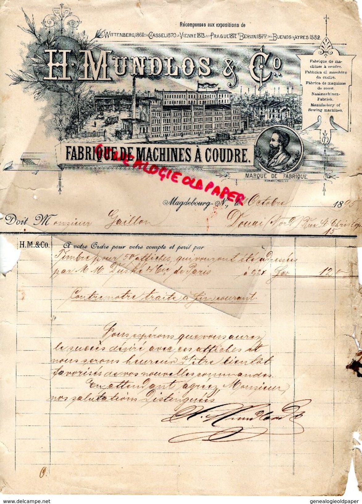 ALLEMAGNE- MAGDEBOURG- RARE LETTRE MANUSCRITE SIGNEE H. MUNDLOS-FABRIQUE MACHINES A COUDRE-MACHINE-1895 - 1800 – 1899