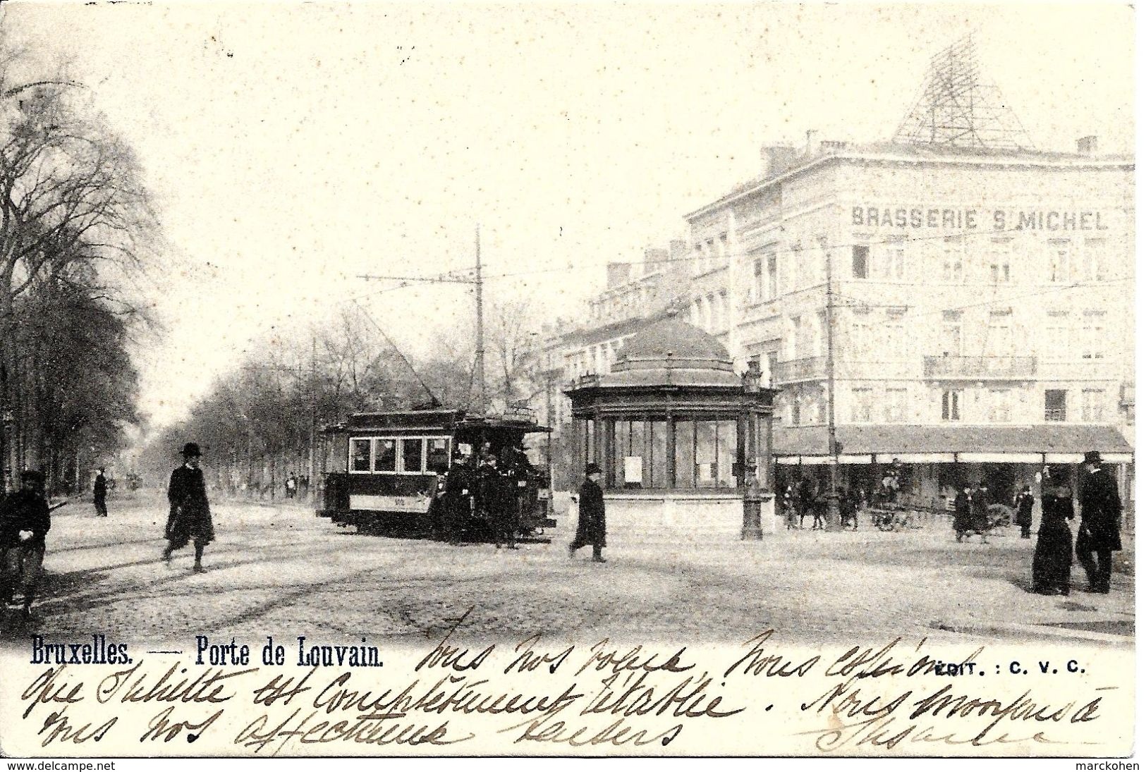 Bruxelles (1210) : Brasserie St.-Michel Et Tram électrique, Porte De Louvain à St.-Josse. Belle Animation. CPA Précurs. - Places, Squares