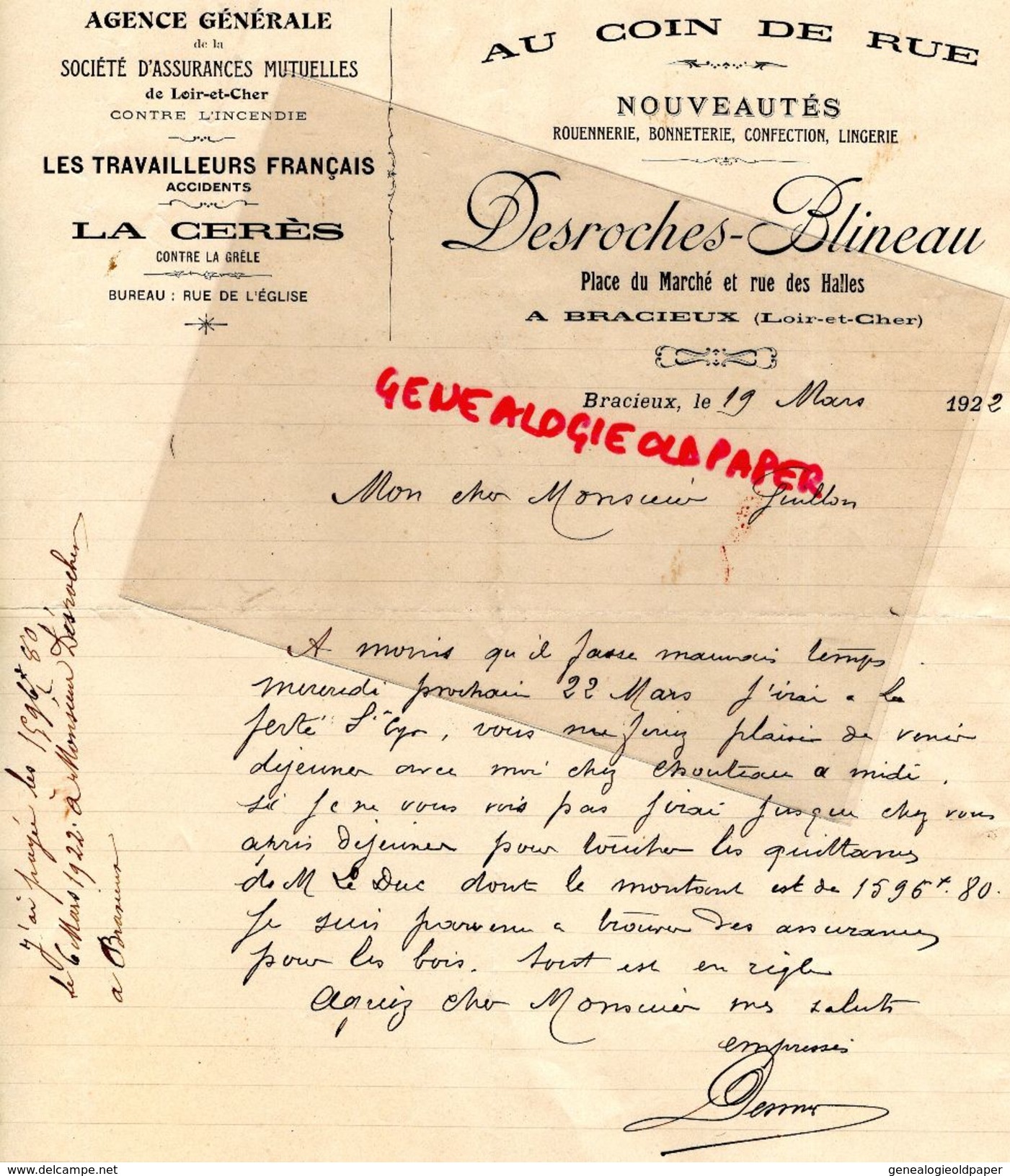 41- BRACIEUX-RARE LETTRE MANUSCRITE SIGNEE DESROCHES BLINEAU- ASSURANCES MUTUELLES-AU COIN DE RUE ROUENNERIE -RUE HALLES - Bank & Insurance