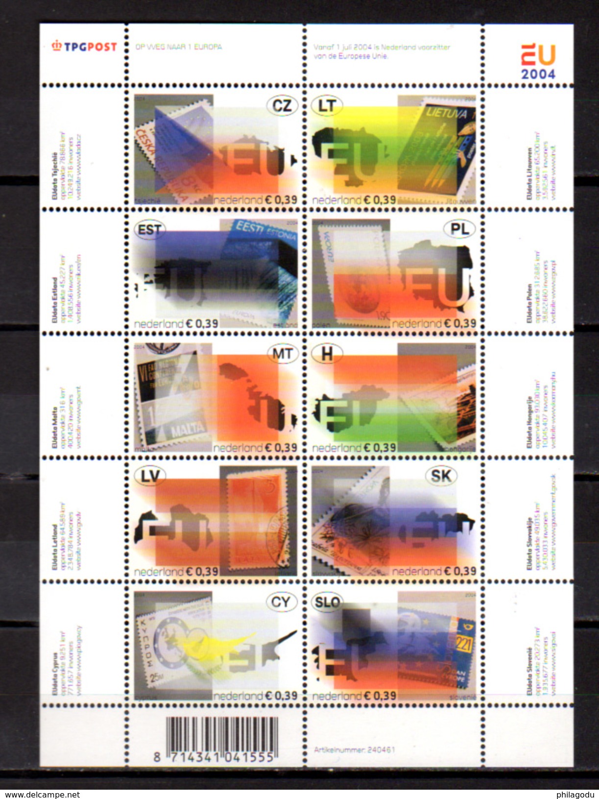 2004   Pays-Bas, élargissement Union Européenne, Yv. 2129  / 2138**en Feuillet, Cote 12,50 €, - Nuevos