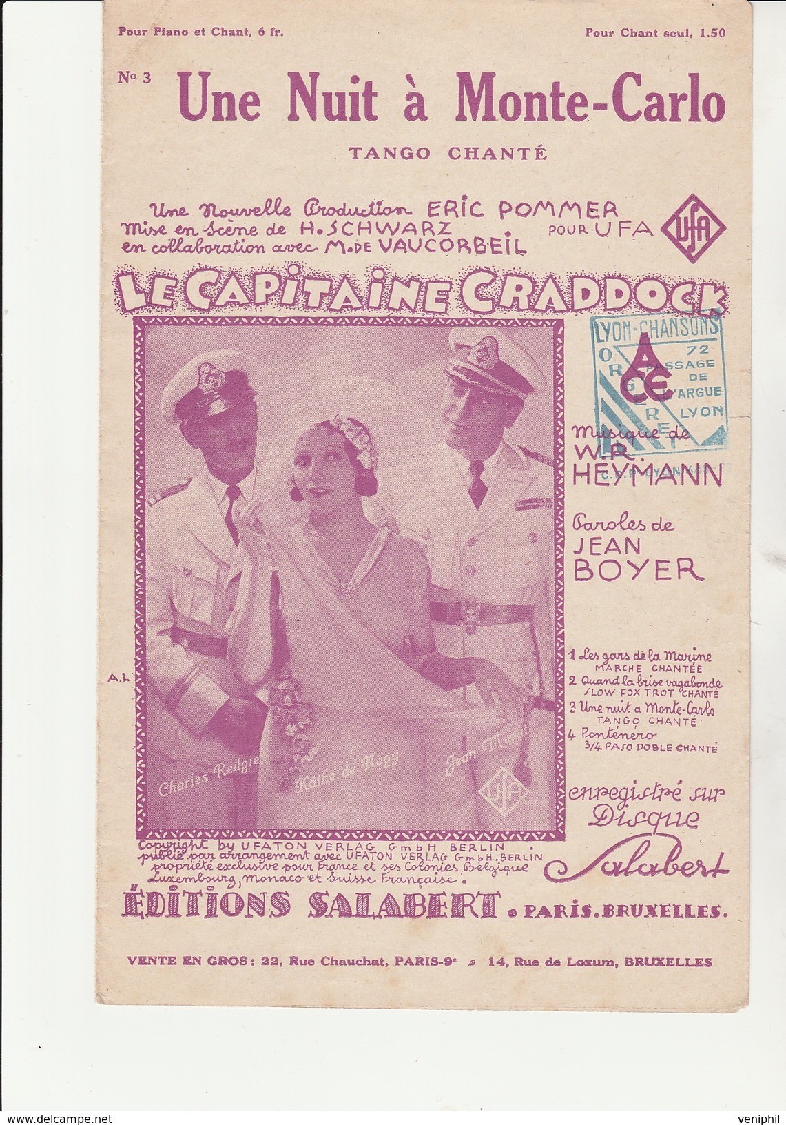 PARTITION -  UNE NUIT A MONTE - CARLO -TANGO CHANTE -LE CAPITAINE CRADDOCK  -EDITIONS SALABERT - Partitions Musicales Anciennes