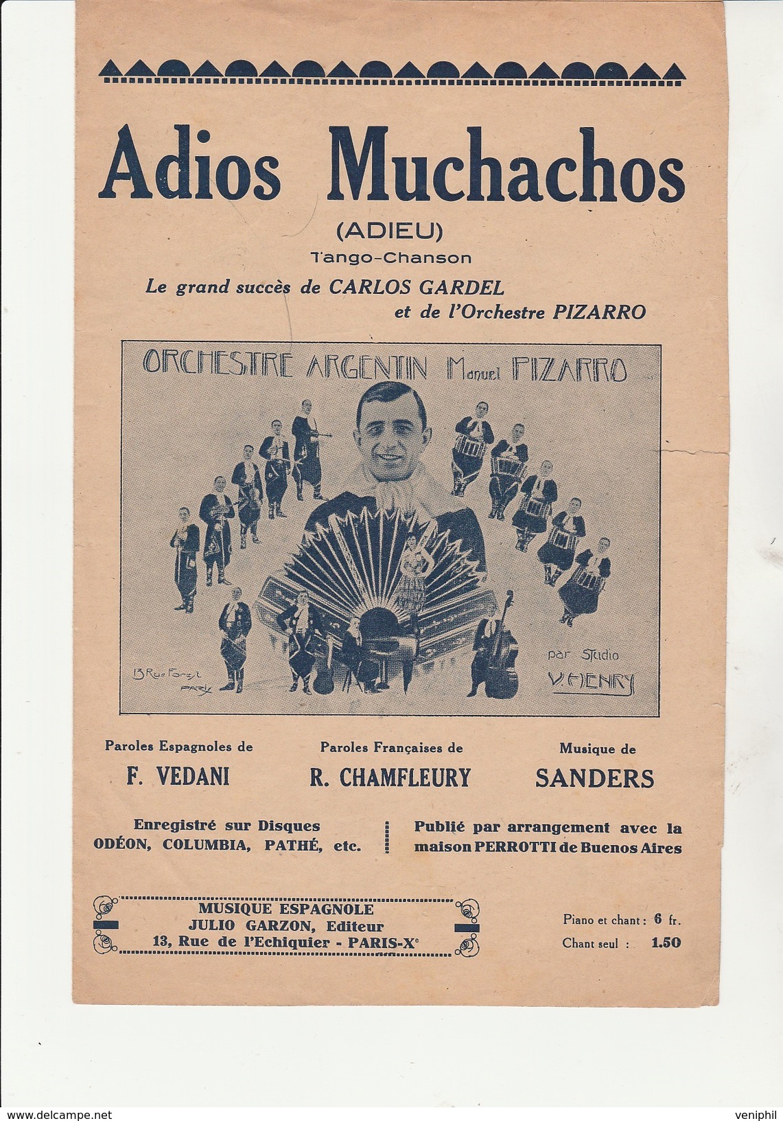 PARTITION -  ADIOS MUCHACHOS -TANGO -CHANSON - ORCHESTRE PIZARRO - 1929 - Partitions Musicales Anciennes