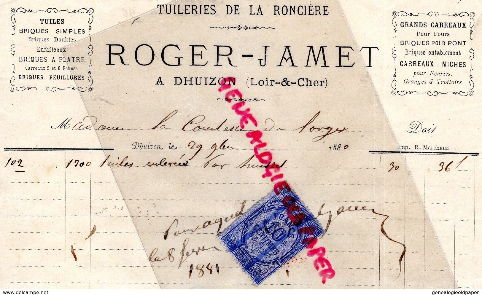 41- DHUIZON- RARE FACTURE ROGER JAMET- TUILERIES DE LA RONCIERE-TUILERIE TUILES -1880 - 1800 – 1899