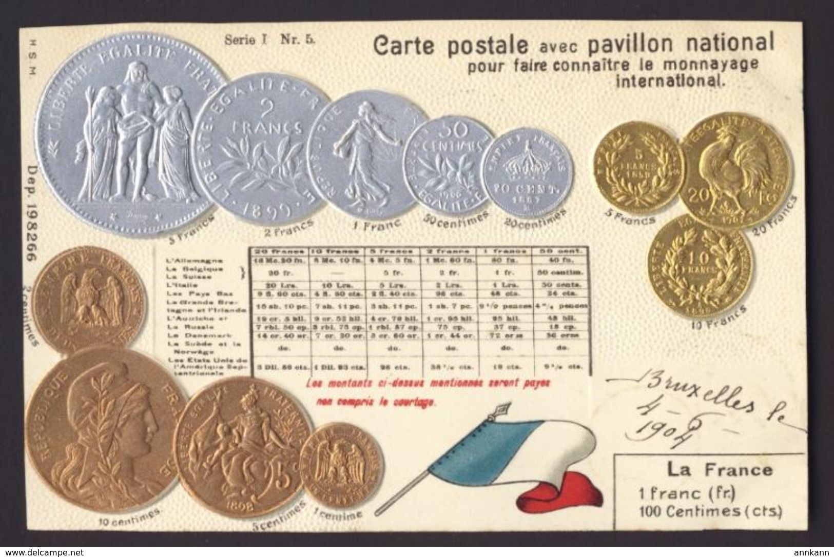 LA FRANCE, 12 Coin Pictures (with Gold), Embossed Color Postcard, With Flag & Exchange Rates. 1904 - Monnaies (représentations)