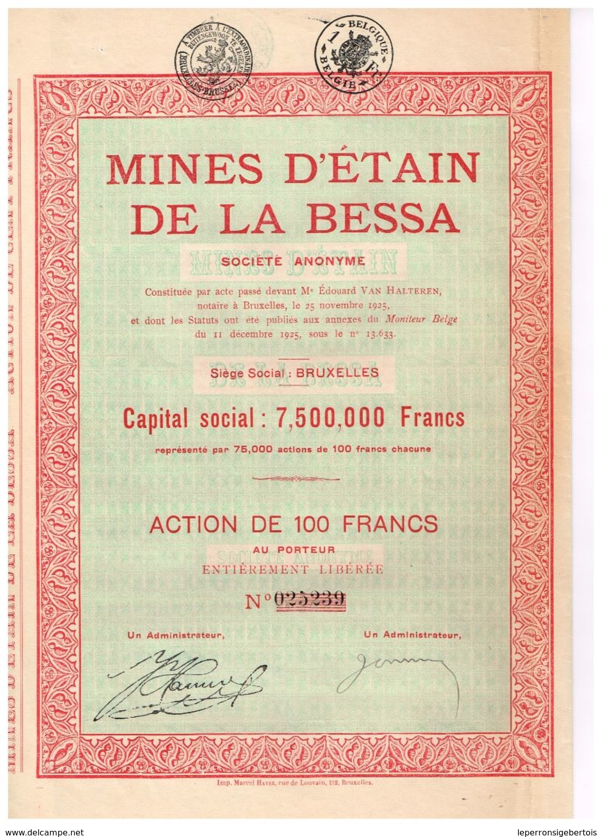 Action Ancienne - Mines D' Etain De La Bessa - Titre De 1925 - Mineral