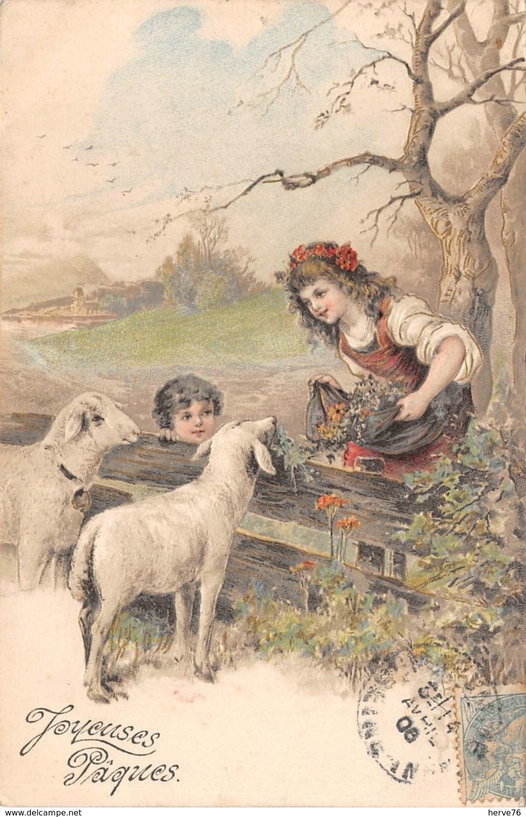 CPA Fantaisie - Joyeuses Pâques - Moutons - Style Vienne - Motifs Gaufrés - Pâques