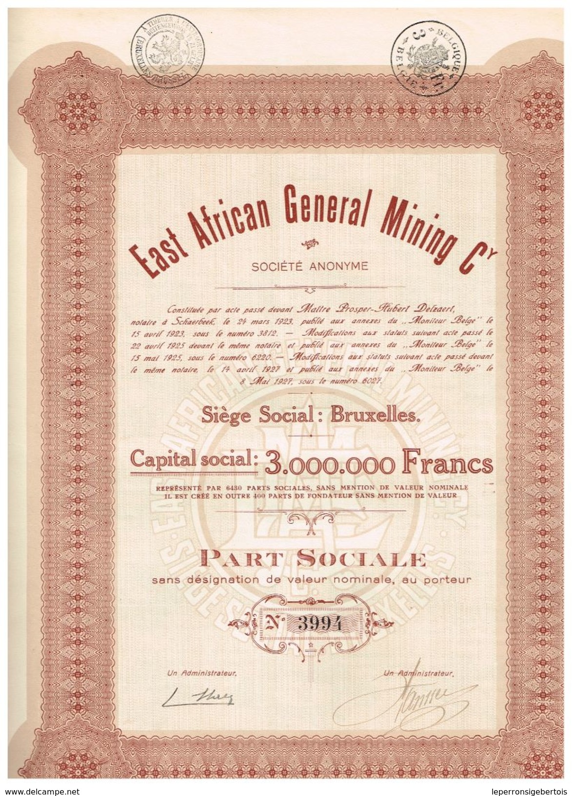 Action Ancienne - East African General Minin Cy, - Titre De 1927 - Mines