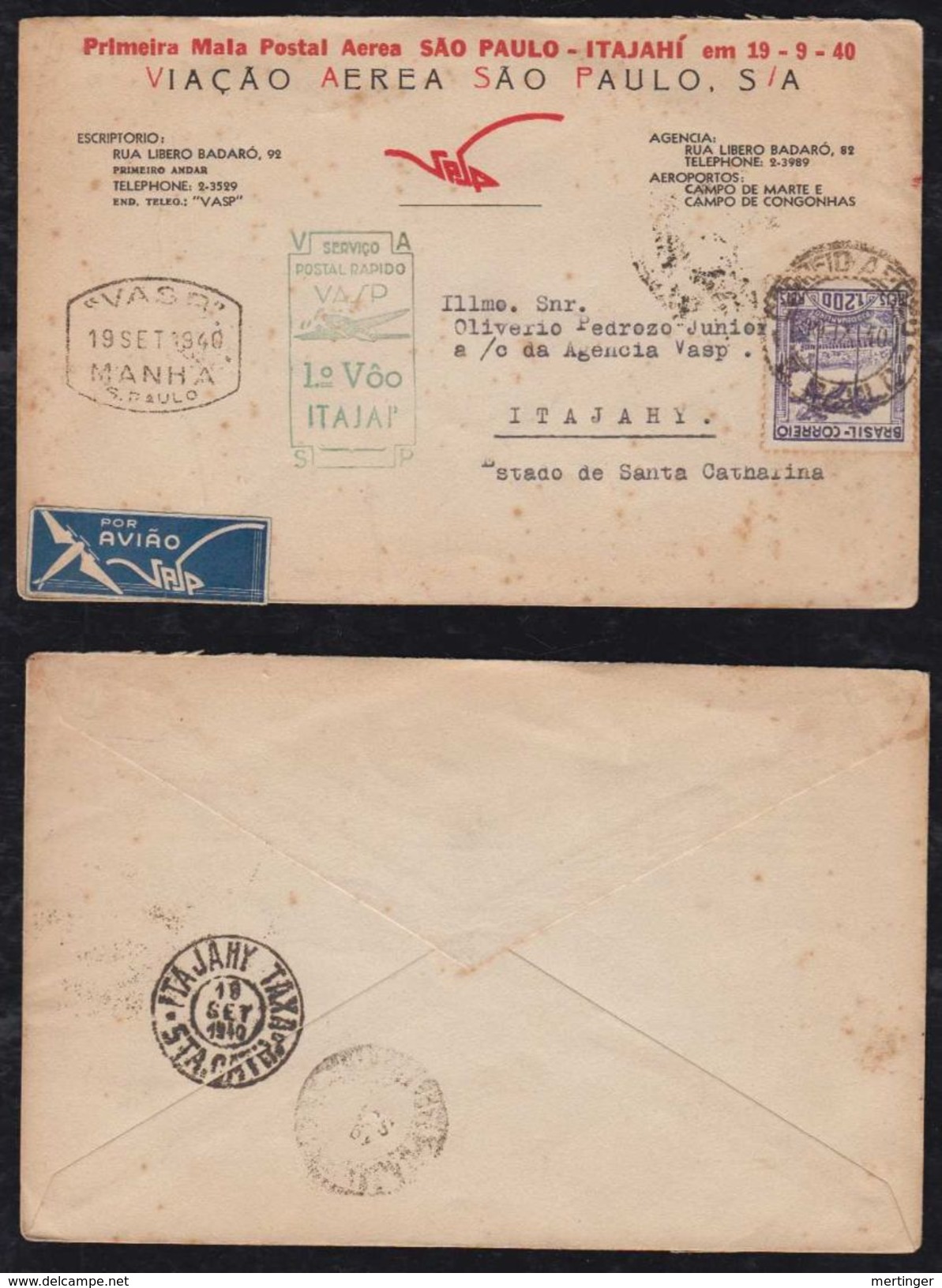 Brazil Brasil 1940 Airmail FFC First Flight VASP SAO PAULO To ITAJAI ITAJAHY - Aéreo (empresas Privadas)