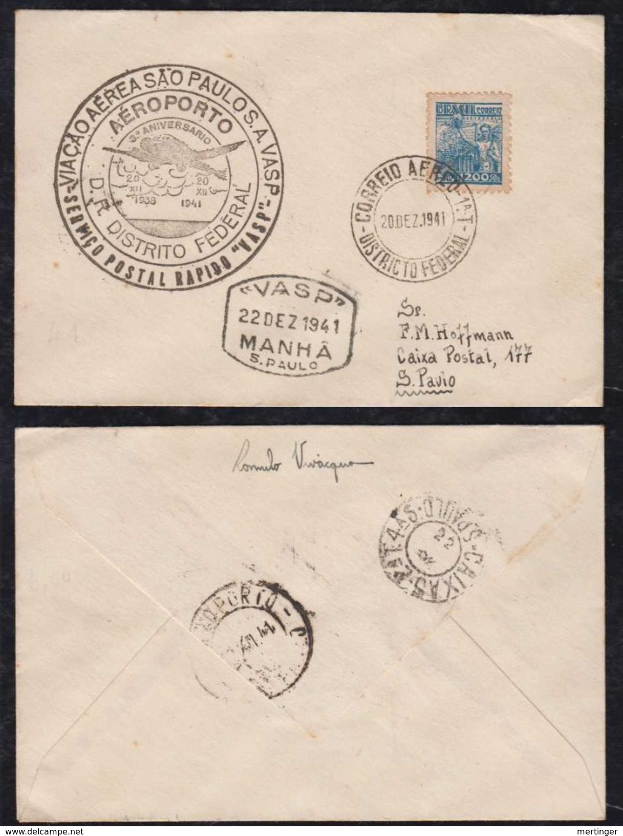 Brazil Brasil 1941 Airmail FFC First Flight VASP 3. ANNIVERSARIO RAPIDO SAO PAULO RIO - Luftpost (private Gesellschaften)