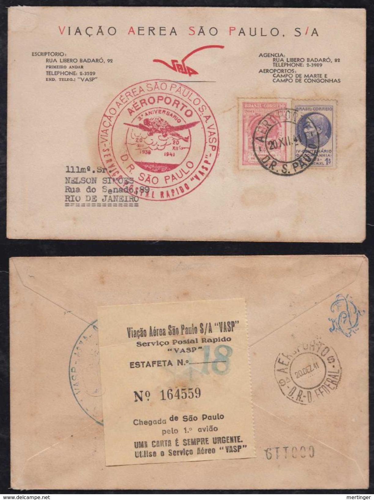 Brazil Brasil 1941 Airmail FFC First Flight VASP 3. ANNIVERSARIO RAPIDO SAO PAULO RIO - Airmail (Private Companies)