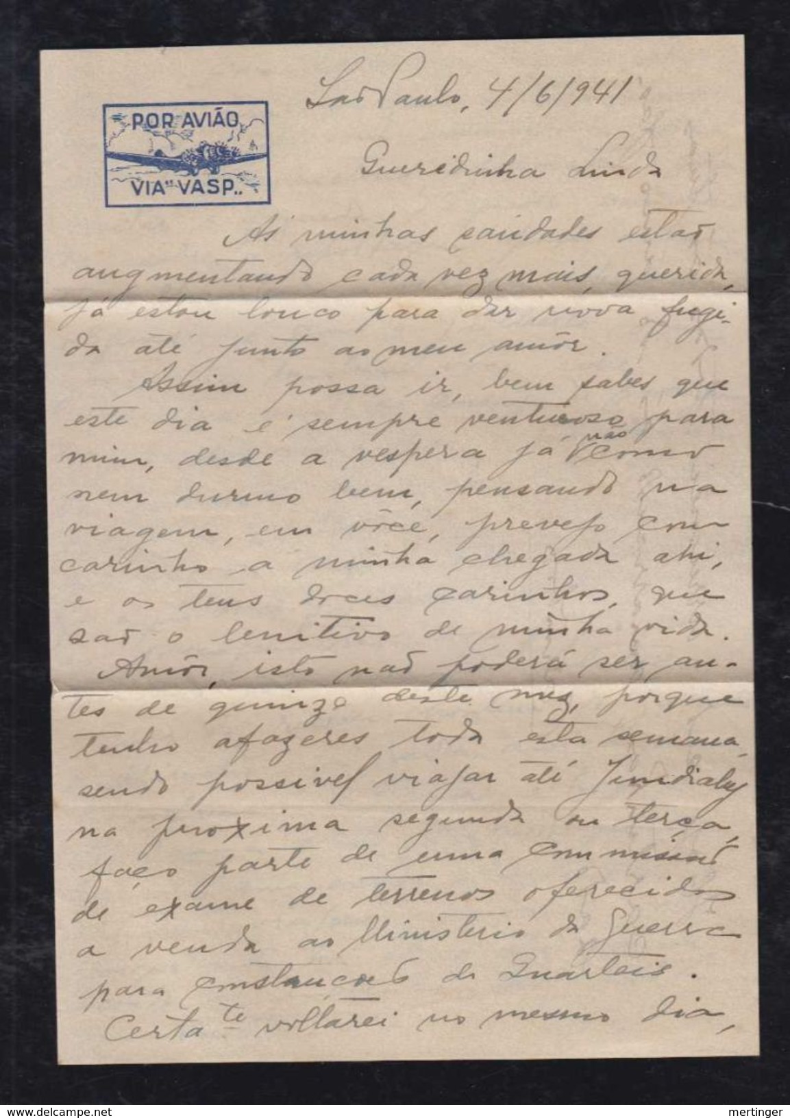 Brazil Brasil 1941 VASP Airmail Cover SAO PAULO To RIO Rapido Letter Inside - Aéreo (empresas Privadas)