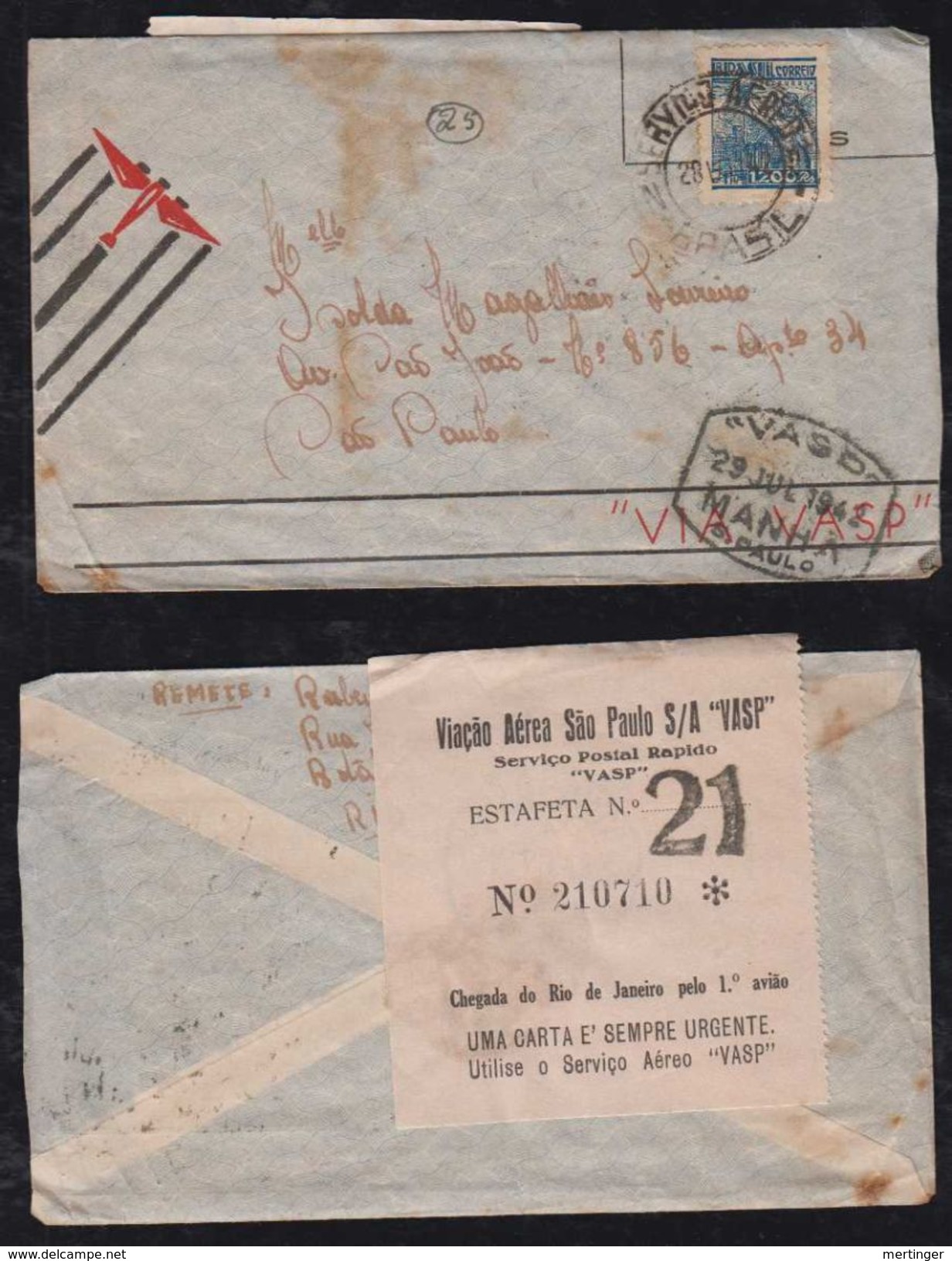 Brazil Brasil 1942 VASP Airmai Cover RIO To SAO PAULO  Rapido - Aéreo (empresas Privadas)