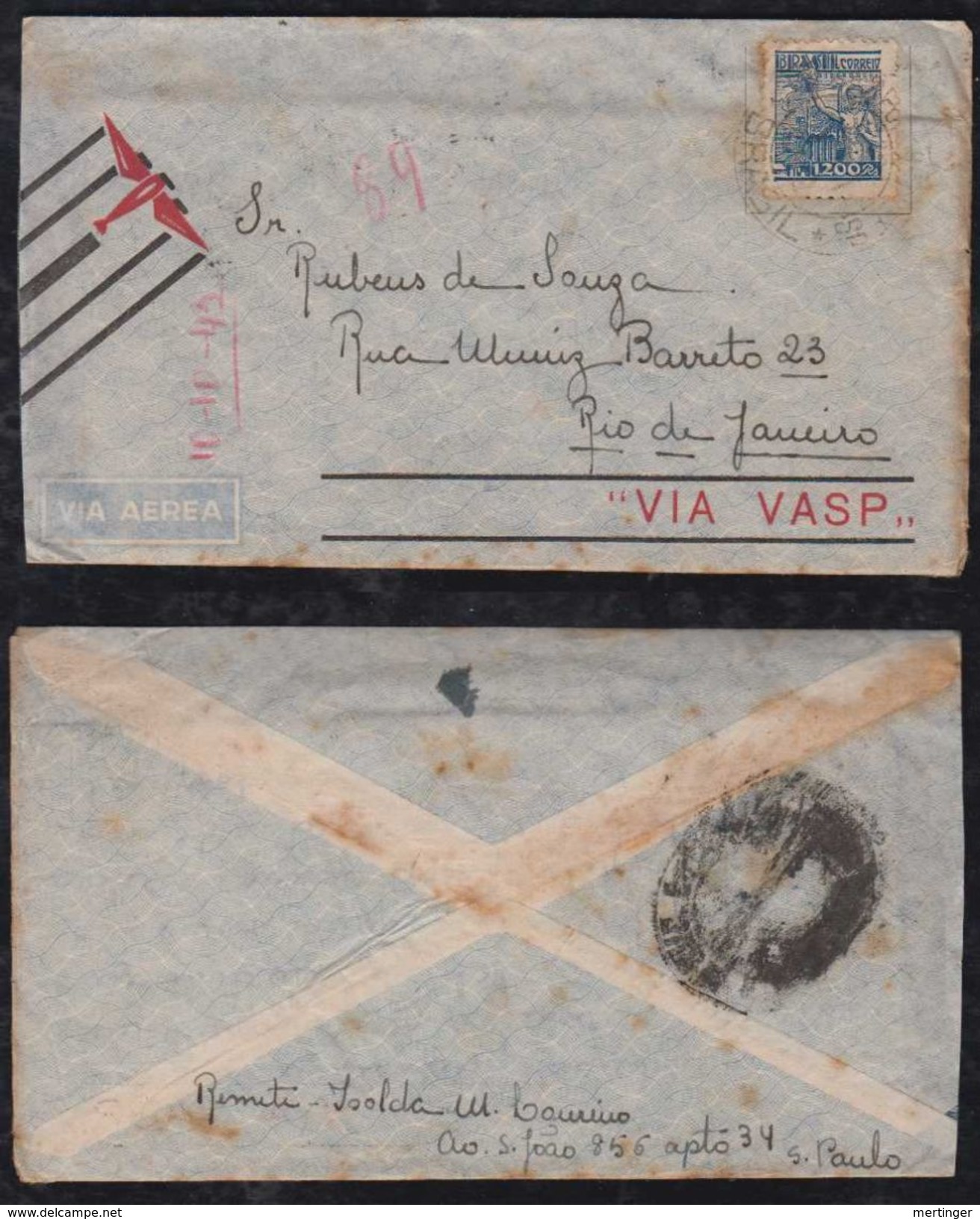 Brazil Brasil 1942 VASP Airmail Cover SAO PAULO To RIO Rapido - Airmail (Private Companies)