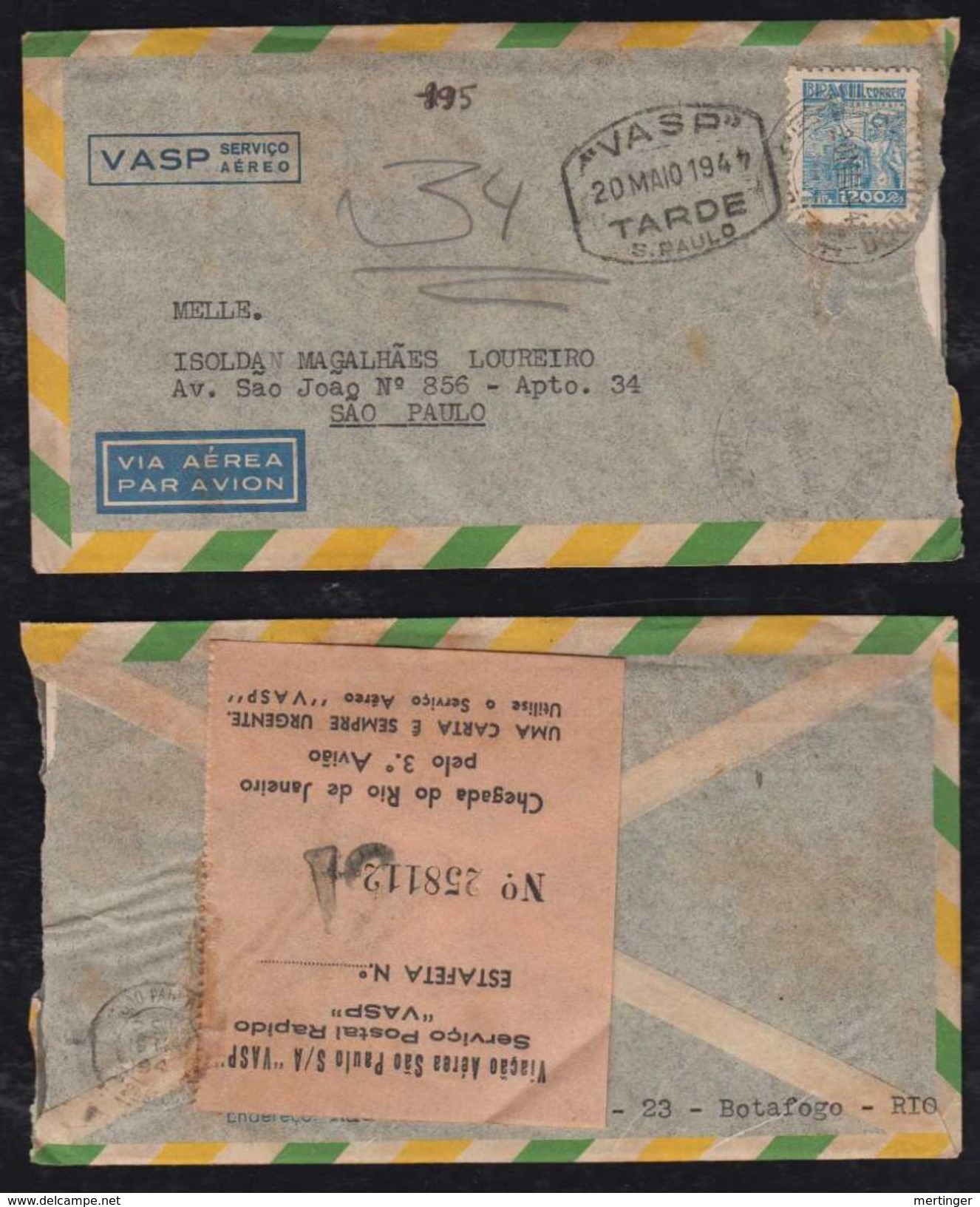 Brazil Brasil 1944 VASP Airmail Cover SAO PAULO To RIO Rapido - Poste Aérienne (Compagnies Privées)