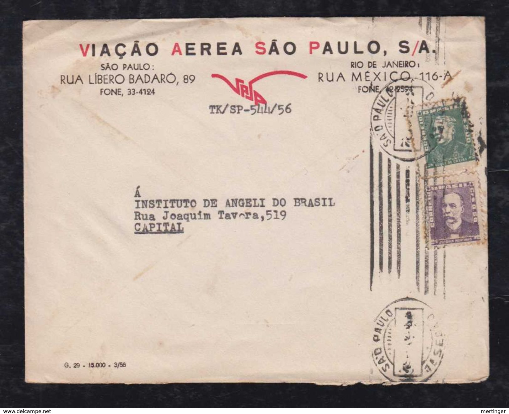 Brazil Brasil 1956 VASP Advertising Cover SAO PAULO To RIO - Airmail (Private Companies)