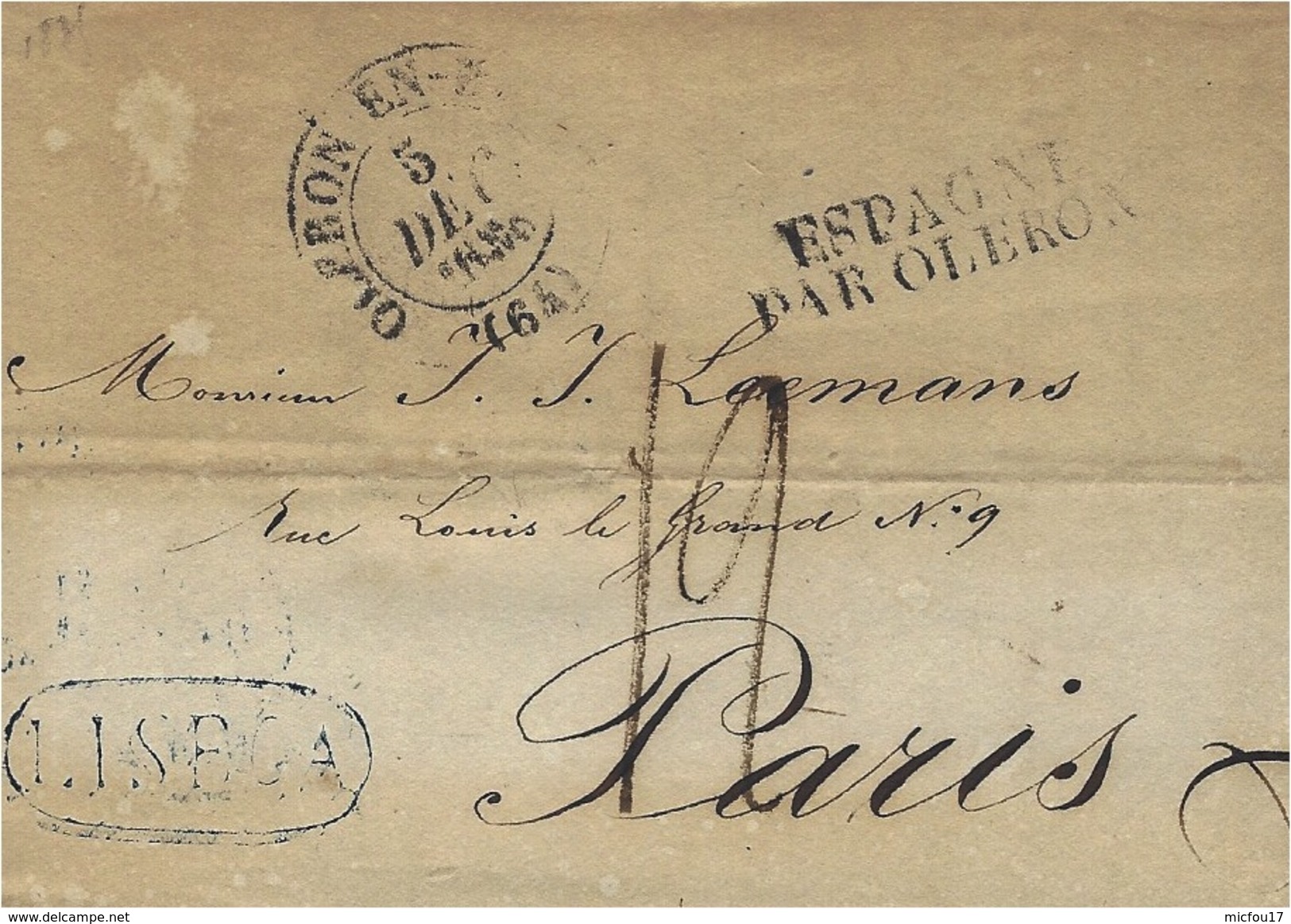 1835- Letter From LISBOA  To Paris  - Entrance : ESPAGNE / PAR OLERON Noir + Cad Oleron En Bearn  -taxe 12 D - ...-1853 Préphilatélie