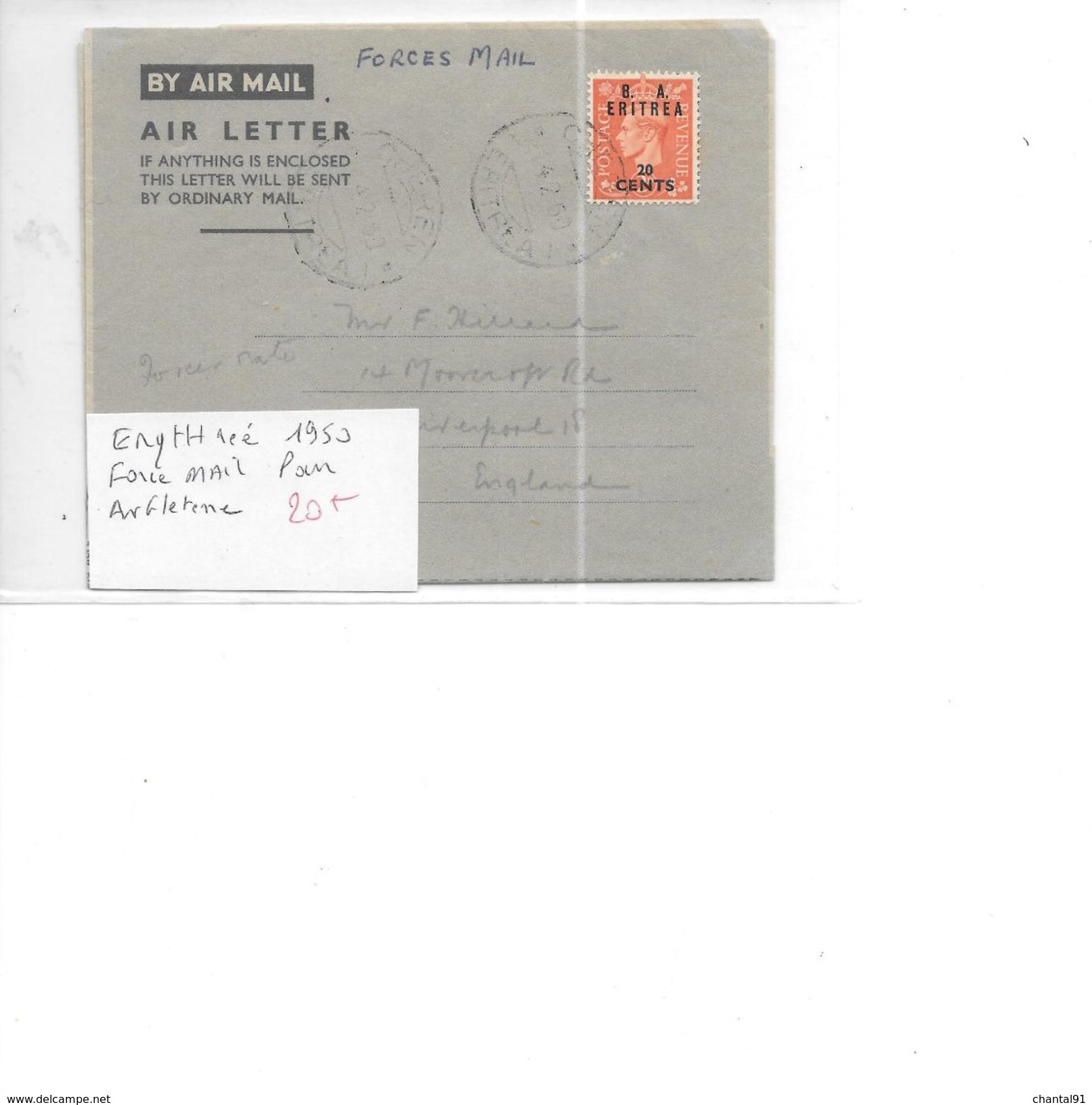 ERYTHREE 1950 FORCE MAIL POUR L'ANGLETERRE - Eritrea