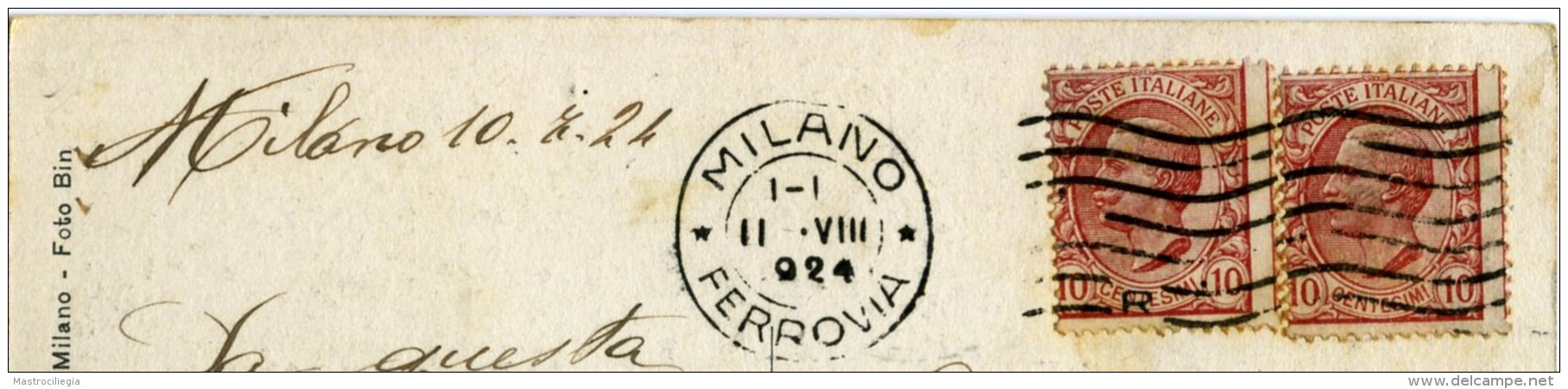 ANNULLO POSTALE MECCANICO A ONDE Con Lettera R  11.8.1924  Su Cartolina Arena Di Milano - Storia Postale