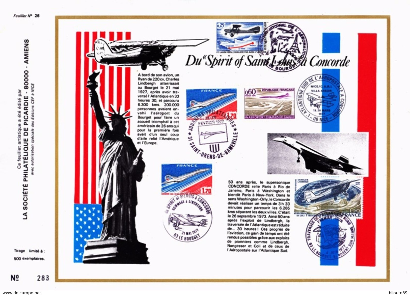 Du Spirit Of Saint-Louis Au Concorde, Document édition CEF à Nice, 5 Oblitérations Différentes 1977 (CEF6) - Avions