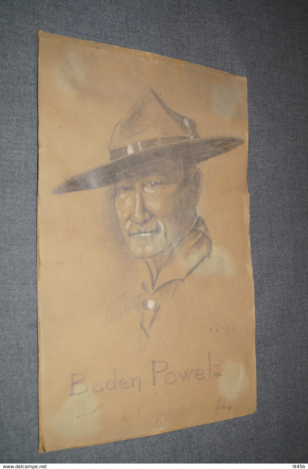 Splendide Ancien Dessin Crayon De Baden Powel,signature à Identifier,originale,37 Cm. Sur 23,5 Cm.Scoutisme,collection. - Aquarelles