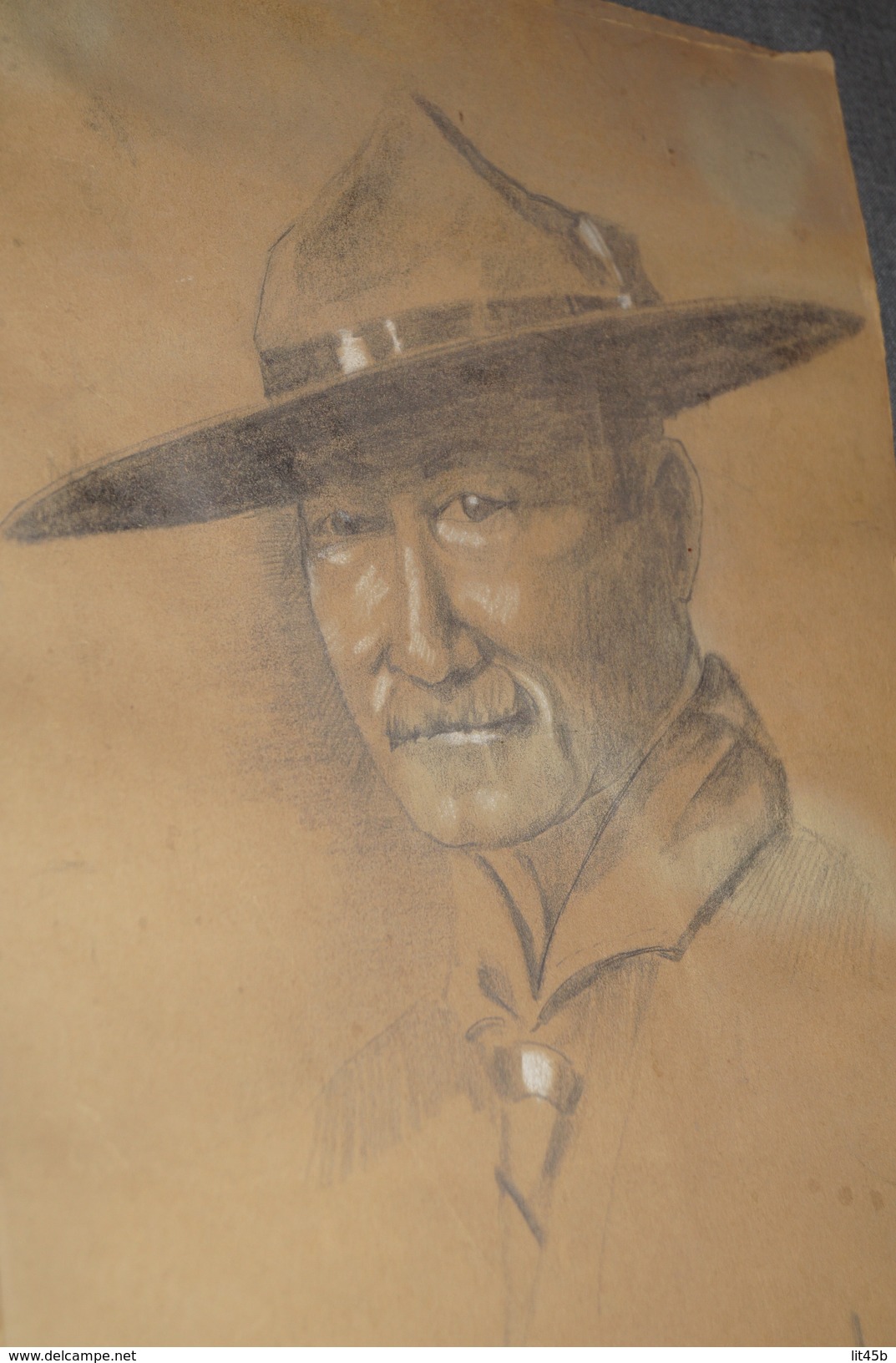 Splendide Ancien Dessin Crayon De Baden Powel,signature à Identifier,originale,37 Cm. Sur 23,5 Cm.Scoutisme,collection. - Aquarelles