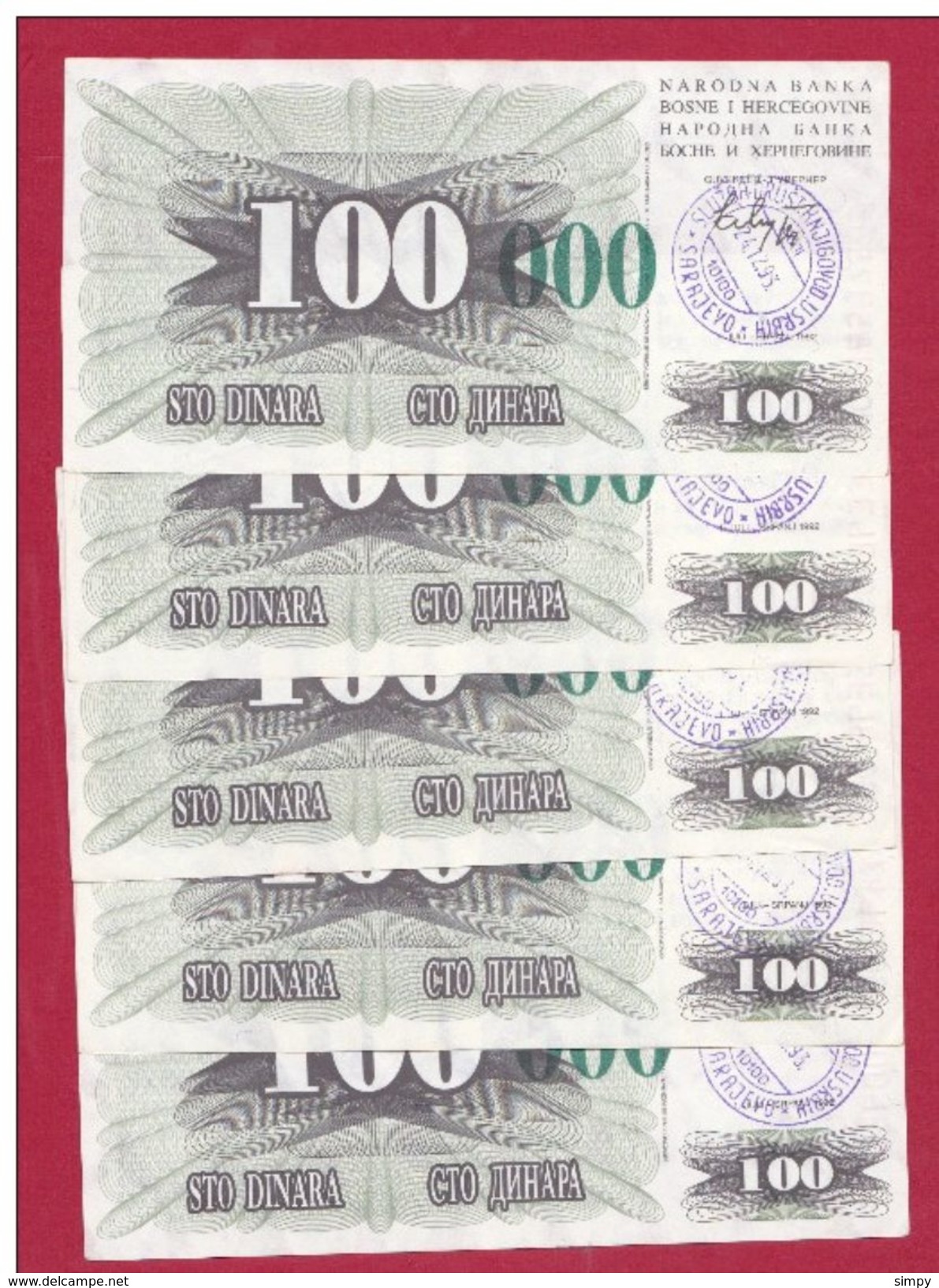 BOSNIA  5x 100.000 Dinara 24.12.1993 Pick 56g  Handstamp Sarajevo - Bosnia And Herzegovina