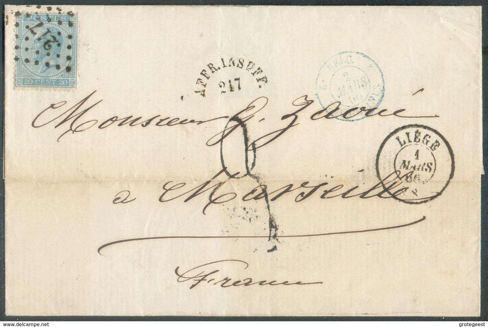 N°18 - 20 Centime Bleu, Obl. LP.217 Sur Lettre De LIEGE Le 1 Mars 1866 (début D'usage) Vers Marseille + Taxe 3 Au Tampon - 1865-1866 Profile Left