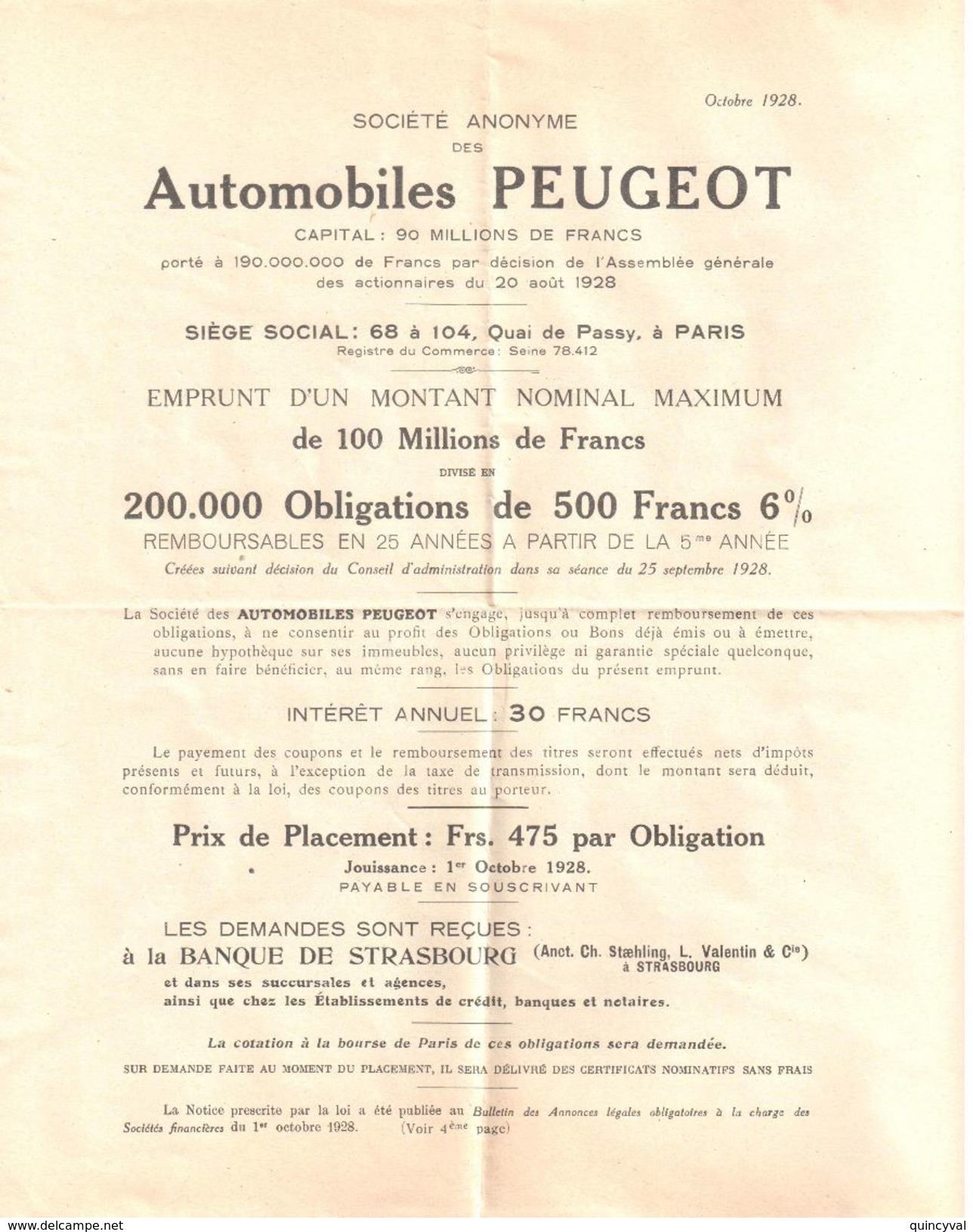 4304 Automobiles PEUGEOT Documentation Annonce EMPRUNT Ooctobre 1928 - Autres & Non Classés