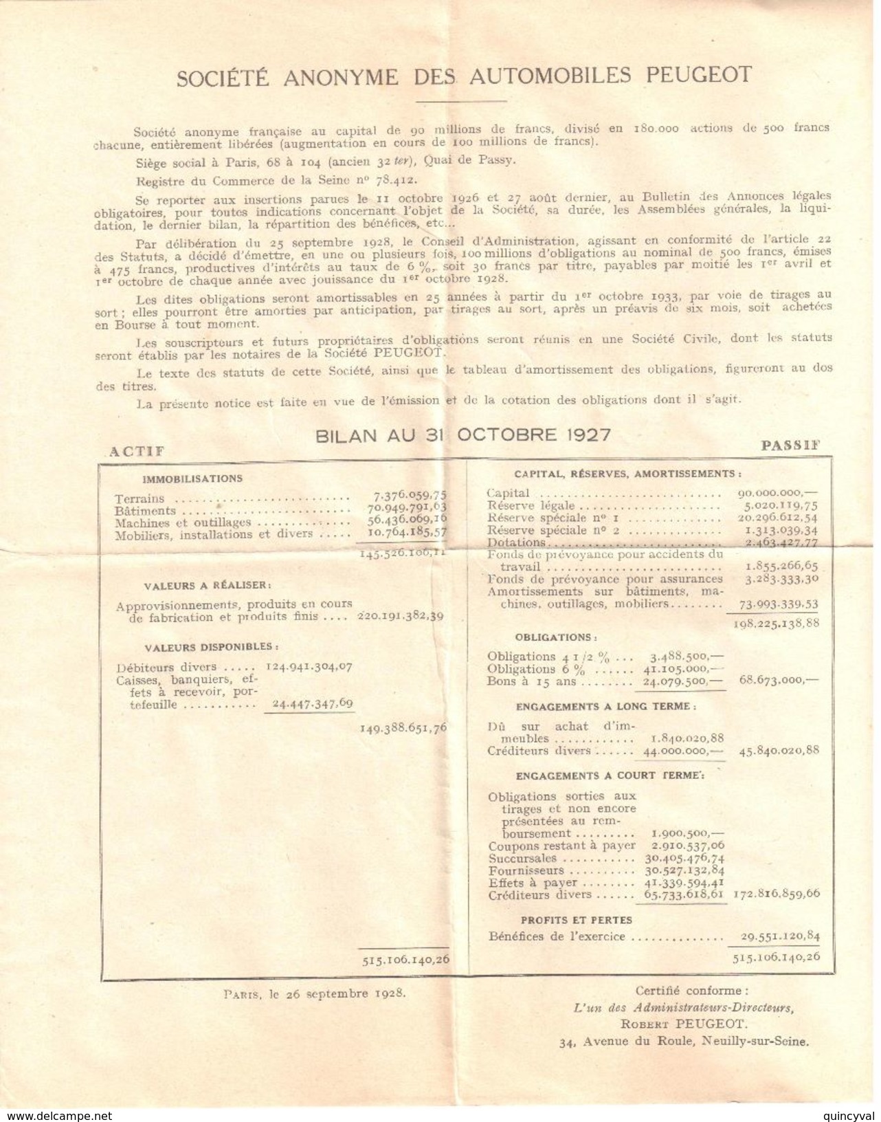 4304 Automobiles PEUGEOT Documentation Annonce EMPRUNT Ooctobre 1928 - Autres & Non Classés