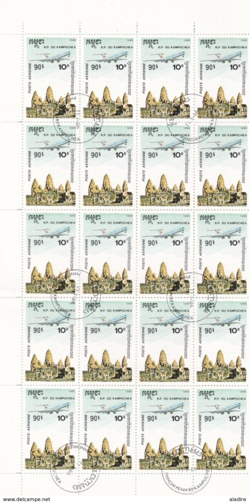 1986 - Kampuchea, Cambodge - YT PA 36-39 - Série Complète Poste Aérienne En Blocs De 20 - Avion Survolant Ruines Angkor - Avions